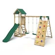 Image of Rebo Challenge Wooden Climbing Frame & Swings Slide & Climbing Wall Greenhorn