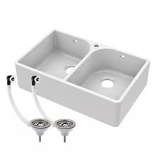Image of Double Bowl Fireclay Ceramic Butler Kitchen Sink with Full Weir, Overflows & Was