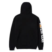 Image of Caterpillar Trademark Banner Hooded Sweatshirt Black Logo Graphic on wearer's