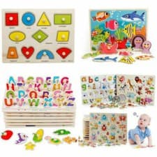 Image of Wooden Puzzle Baby Kids Toddler Jigsaw Alphabet Letters Animal Learning Toy Gift