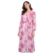 Image of Estee Brown Paris Dress Pink Leaf Print Mock Wrap Long Sleeve Maxi Size S
