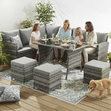 Image of Garden Rattan Furniture Set 9 Seater Lounger Sofa Footstool Glass Table Grey