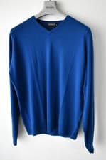 Image of John Smedley French Blue Merino Wool V-Neck Sweater Size XL £210 Made in England