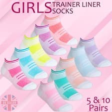 Image of 5 10 Pairs Girls Kids Sport Trainer Liner Arch Support Socks 9-5.5 12.5-3.5 4-5