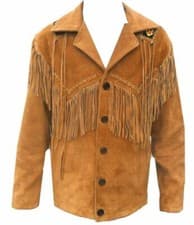 Image of Men's Traditional Native Cowboy Western Top Suede Leather Jacket Fringe & Beads