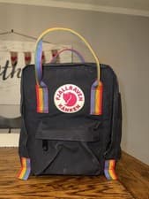 Image of FJALLRAVEN Kanken Mini Backpack/tote Black and Rainbow straps.