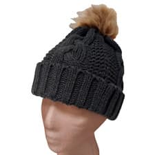 Image of Women Cable Knit Cute Black Beanie Hat Cap Brown Tan Fake Fur Pom Pom OS NWT