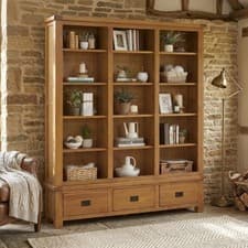 Image of Bookcase with 3 Drawers Rustic Oak Extra Large Grand Library Display Storage