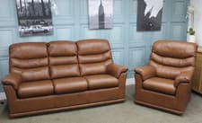 Image of G PLAN MALVERN STATIC 3 SEATER SOFA & CHAIR IN DALLAS TAN LEATHER. RRP £4238.