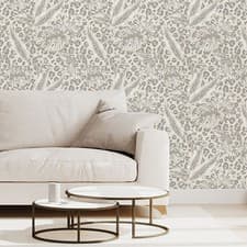 Image of Beige Grey Tropical Wallpaper Metallic Silver Leopard Print Spots Feature Wall