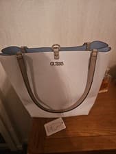 Image of Guess Women Ladies Handbag Alby Tote Shoulder Bag In Blue & White VG745523