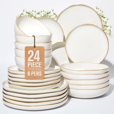 Image of Elegant 24-Piece White Dinnerware Set for 6 with Pasta Bowls - Glossy Stoneware