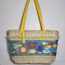 Image of BRIGHTON LOUISA FLORAL LEATHER APPLIQUE EMBELLISHED STRAW MULTI-MEDIA TOTE $450