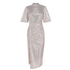 Image of BIBA Womens Silver Sequinned 1/2 Sleeve Ruched Maxi Dress Ladies UK 12 BNWT