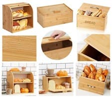Image of Bamboo Wooden Bread Bin Lift Up Lid Loaf Handle Double Layer Food Storage Box