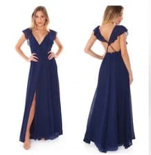 Image of Yumi Kim Full Bloom Ruffle Maxi Wrap Dress Navy Blue XS Bridesmaid Wedding Guest