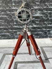 Image of Chrome Antique Aluminum Wooden Tripod Floor Lamp living Room Study Lamp Adjust