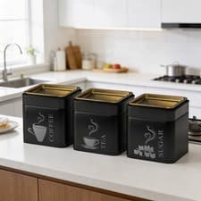 Image of Black 3pc Set Coffee Tea Sugar Canister Tins Jars Kitchen Storage With Lid