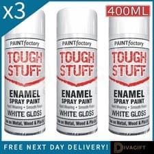 Image of 3 x 400ML ENAMEL WHITE GLOSS SPRAY PAINT WOOD METAL PLASTIC CRAFT TOUGH STUFF