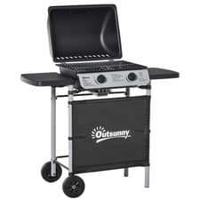 Image of 2 Burner Gas BBQ Trolley Grill with Lid, LPG, Wheels, Regulator & Hose 50x36cm