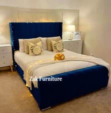 Image of Plush Velvet Wingback Panel Bed, With or Without Ottoman Gaslift Storage