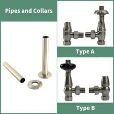 Image of Traditional Thermostatic Manual Angled Radiator Valves Pipes and Collars Brass