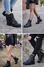 Image of Black Studded Biker Ankle Boots Buckle Zip Chunky Heel UK 6