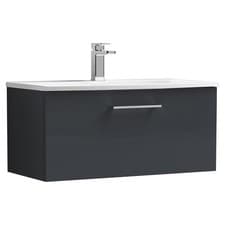 Image of Nuie Arno Satin Soft Black 800mm Wall Hung Single Drawer Vanity Unit and Curved