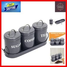 Image of Stylish Metal Tea Coffee Sugar Canister Set, Kitchen Food Storage Tins with T...