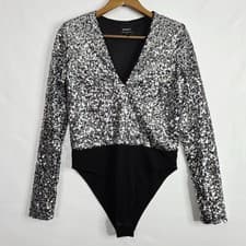 Image of Bardot Sequin Long Sleeve Bodysuit Womens Size 8 Silver Black NWOT