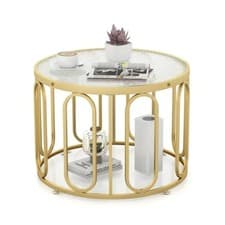 Image of Costway 24 Inch Round Coffee Table with Reeded Tempered Glass Top 1314
