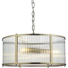 Image of Hanging Ceiling Pendant Light Antique Brass & Clear Ribbed Glass 3 X 6W LED E14