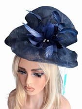 Image of Navy Fascinator On Headband with Feather and Diamante Detail for Wedding Races
