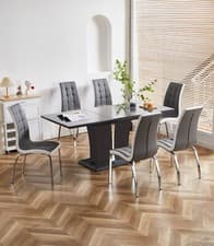 Image of Dining Table Set Extending Grey Glass Grey High Gloss and 6 Faux Leather Chairs