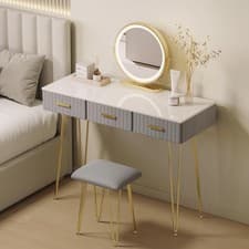 Image of Modern Vanity Dressing Table with Stool LED Lights Mirror 3 Drawers Makeup Desk