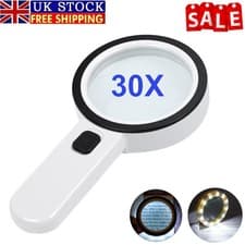 Image of 30X Extra Large 90mm Magnifying Glass w/12 LED Light Illuminated Reading Loupe