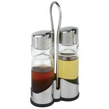 Image of Oil & Vinegar Bottle Set Glass 100ml with Metal Holder Kitchen Tableware 20cm