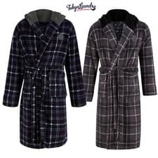Image of Mens Tokyo Laundry Fleece Hooded Check Dressing Gown Thick Soft Luxury Bath Robe