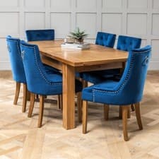Image of Dining Table Solid Oak Medium Extending + 6 x Blue Velvet Scoop Chairs