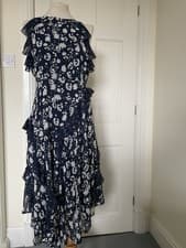 Image of Mint Velvet Louise Print Ruffle Midi Dress Navy And White Size 12 New With Tags