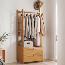 Image of Bamboo Wooden Coat Hat Stand Clothes Shoe Rack Hanger Hooks Shelf Drawer Storage