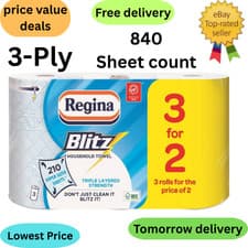 Image of 12 Rolls Regina Blitz 3 Ply Kitchen Towel Rolls 70 sheets per roll lint free