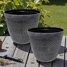 Image of Grey Round Flower Pot Set 2 Textured Garden Planters Drainage