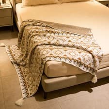 Image of Bohomian Oatmeal White Knitted Throw Blanket with Tassels Sofa Bed Home Decor