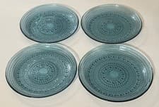 Image of Set of 4 Blue Glass Beaded Hobnail Salad Plates 8.5" Never Used