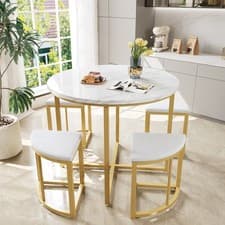 Image of Dining Table and Chairs Set of 4 Space-Saving Round Kitchen Table w/ Marble Look