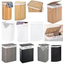 Image of Bamboo Laundry Basket With Lid And Liner Foldable Washing Clothes Bin Hamper New
