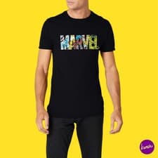 Image of MARVEL Men's Cotton T-Shirt, Comic Strip Logo Print, Black, UK XXL | EU 56