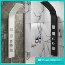 Image of Thermostatic Shower Panel Column Tower With Body Jets Twin Head Bathroom Shower
