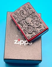 Image of Genuine Brand New 2007 ZIPPO Lighter Impressive Satin Black Skulls/Roses Emblem